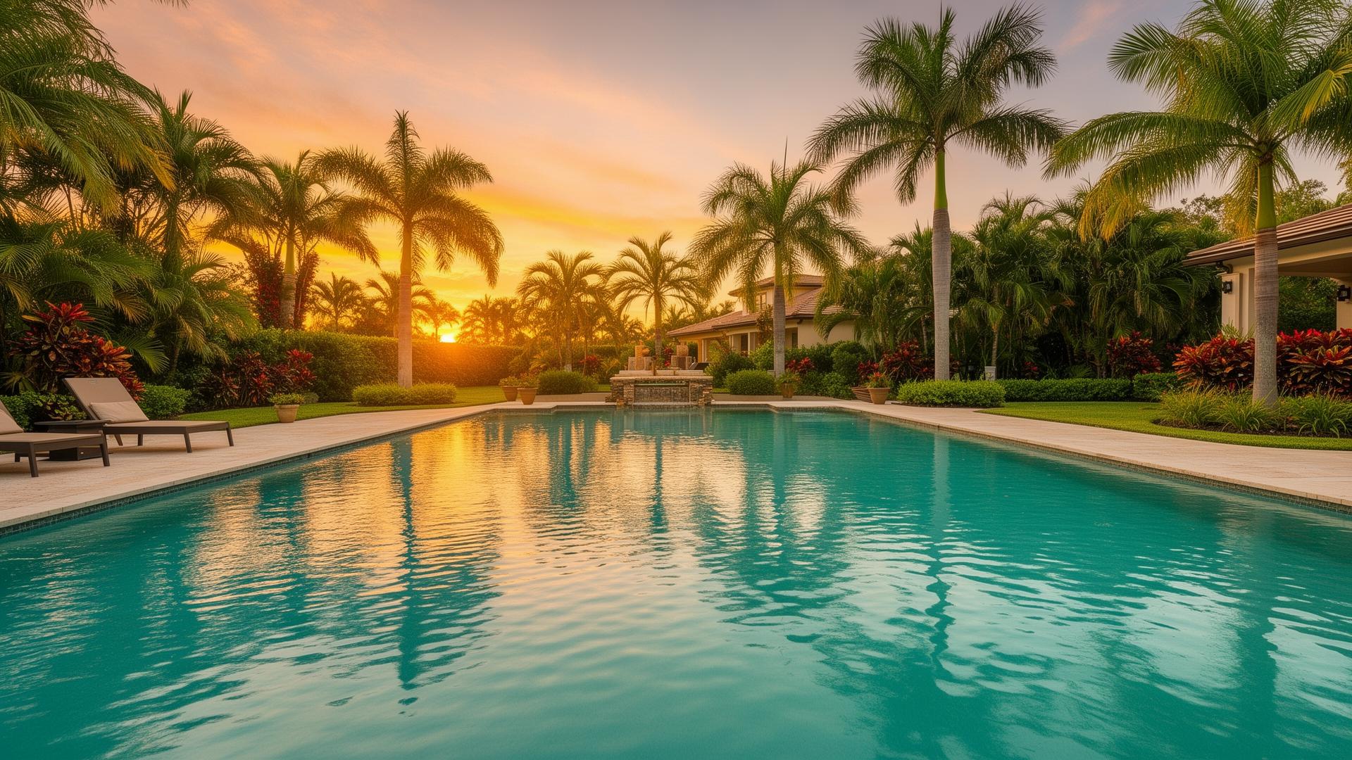 Crystal-clear backyard pool at sunset in Zephyrhills, Florida